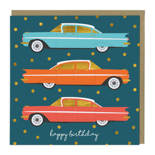HAPPY BIRTHDAY GOLD DOT CARS CARD